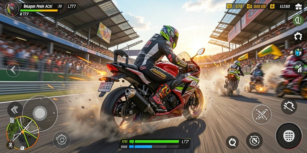 Tampilan gameplay L777 yang mendebarkan dan penuh aksi balapan motor.